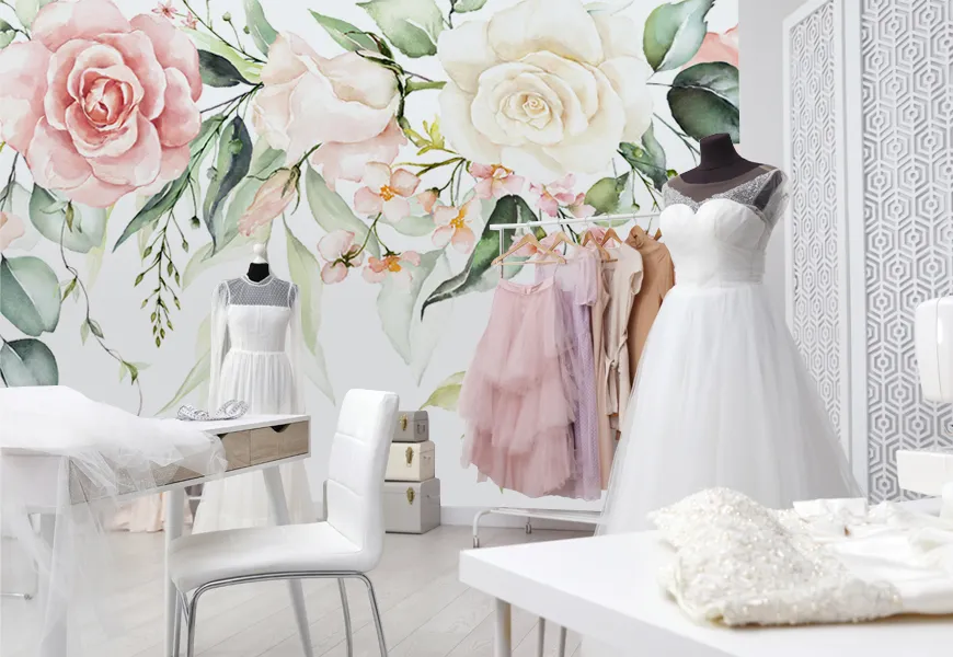 کاغذ دیواری سه بعدی مزون عروس طرح گل رز